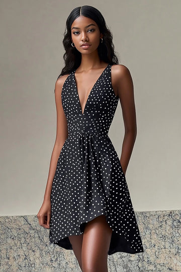 Black White Polka Dot A Line Short Graduation Dress